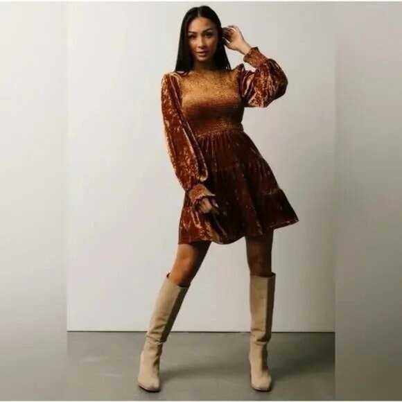 Baltic Born Kele Crushed Velvet Copper Smocked Tiered Mini Dress NWT Small - Picture 2 of 8